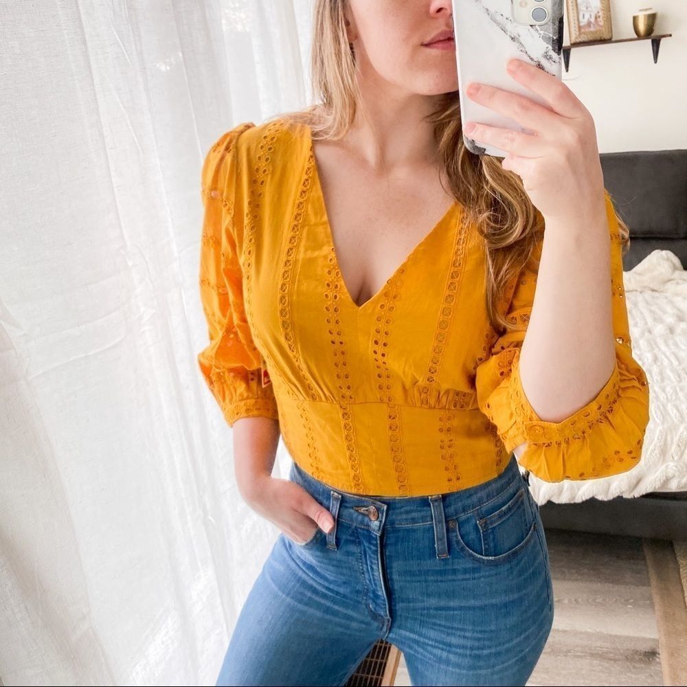 Abound Crop Peasant Boho Puff Sleeve Yellow Blouse